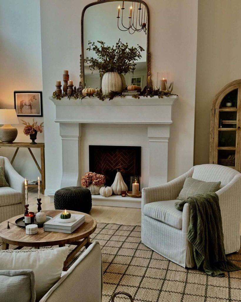 39. Create a Statement Mantel with Layers of Pumpkins and Candles