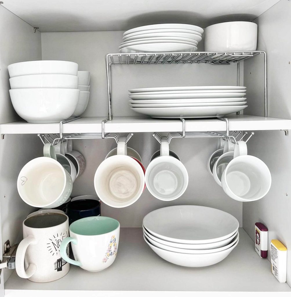4. Double Duty Shelving and Mug Hooks to Maximize Vertical Space