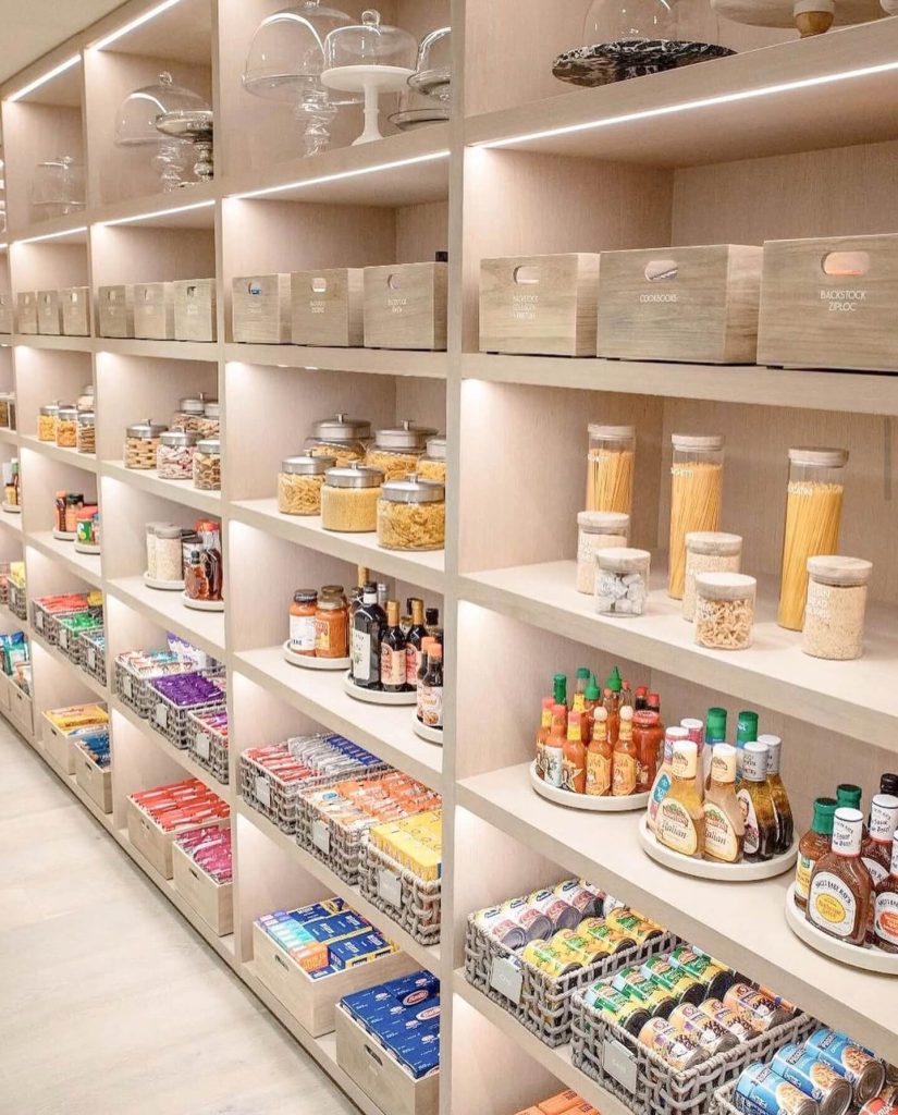 5. Ultimate Walk-In Pantry with Luxe Labeling and LED Lighting