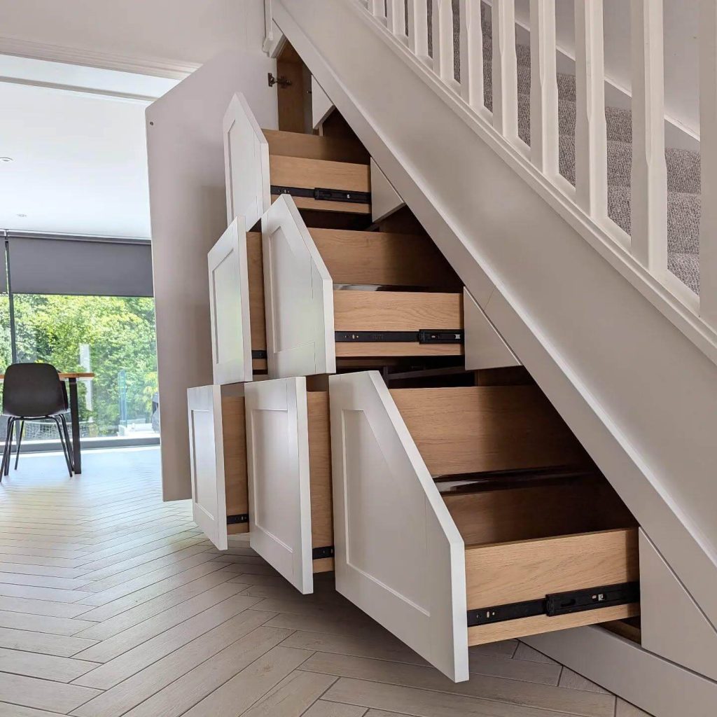 7. Clever Pull-Out Drawer Stair Storage