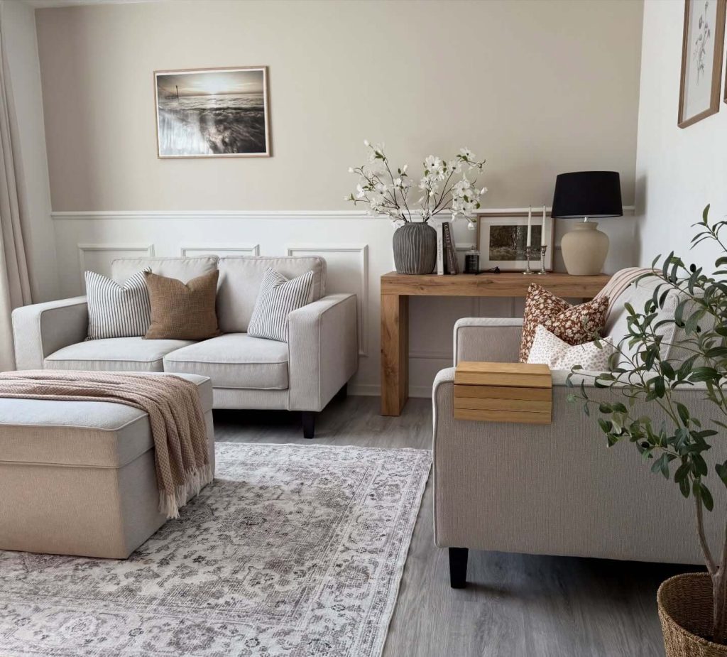 7. Neutral and Cozy Living Room with Rustic Elements