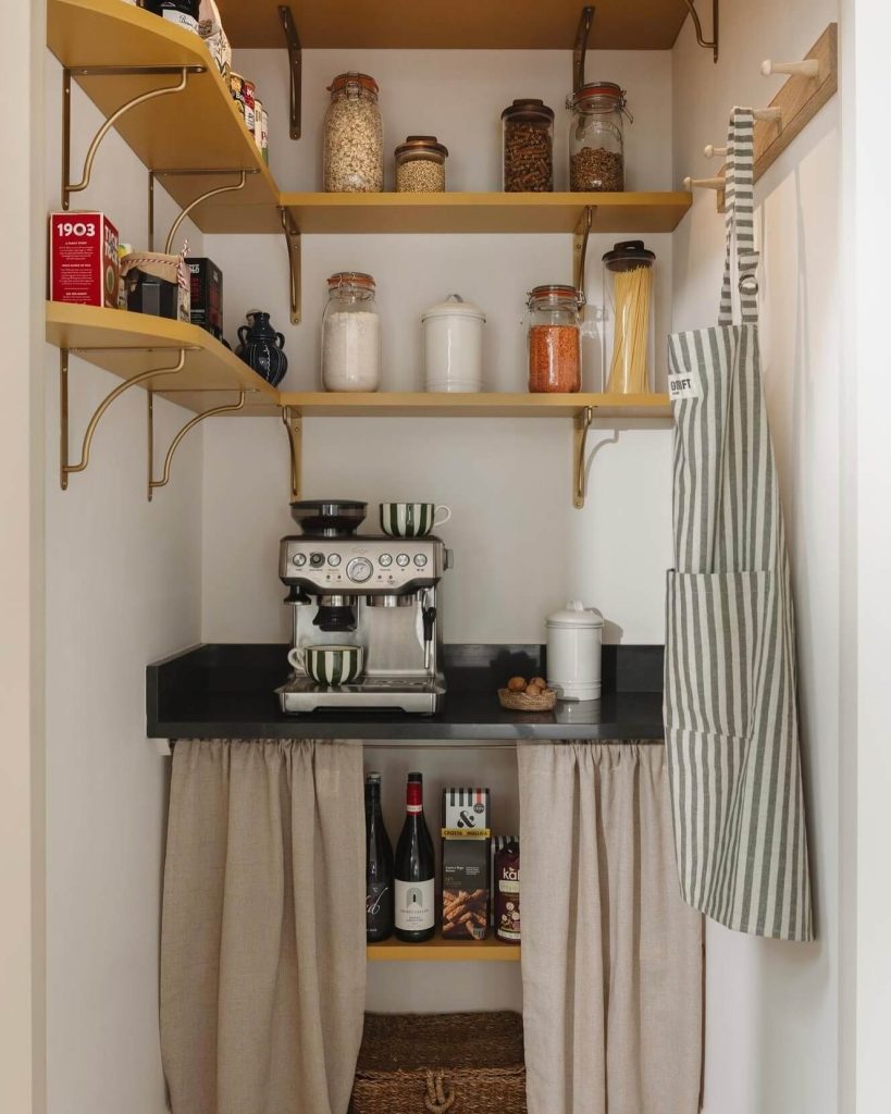 7. Stylish Coffee Nook Pantry with Warm Accents