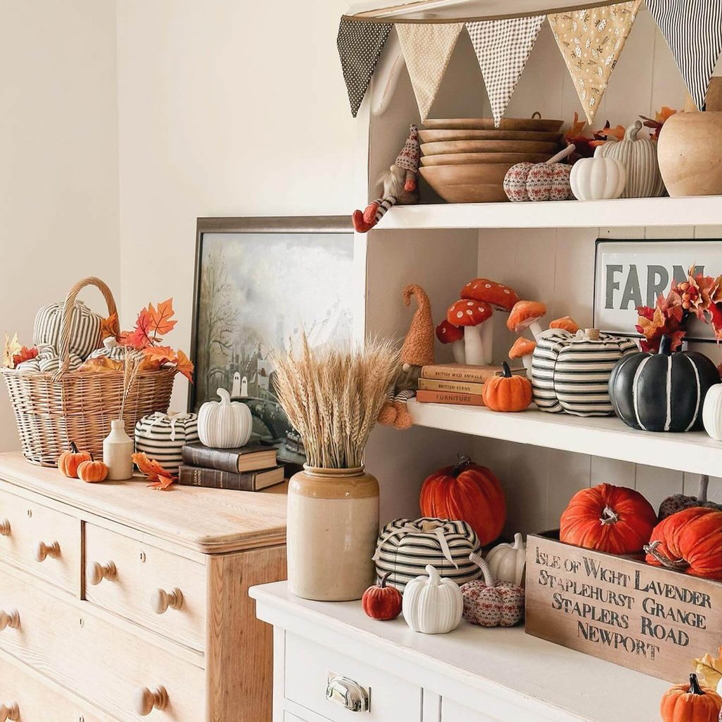 8. Embrace a Maximalist Fall Hutch Display