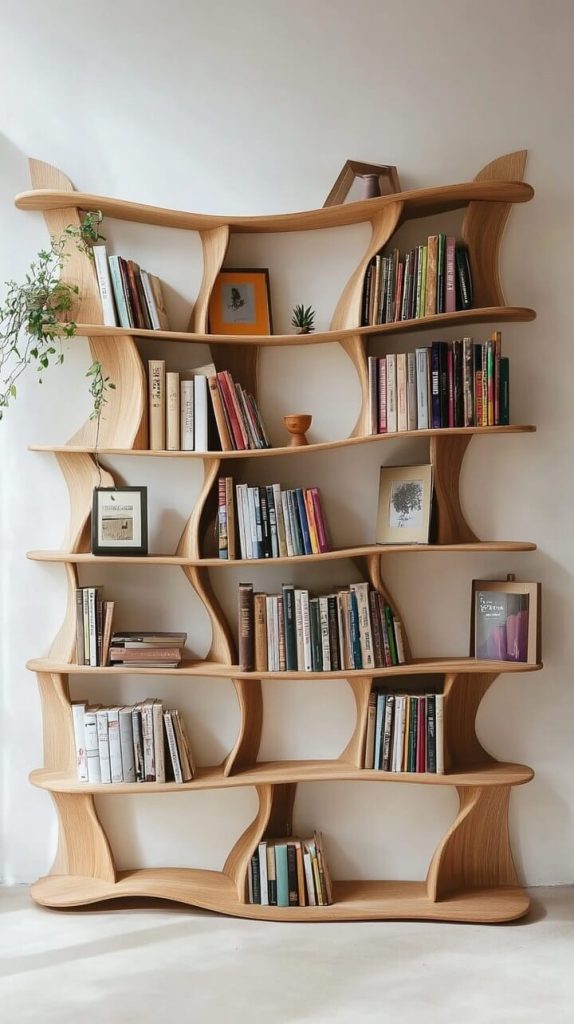 8. Curved Wood Bookshelf with Flowing Design