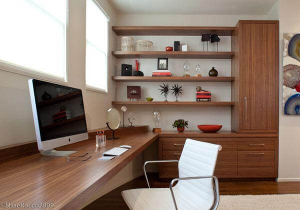 9. Layered White Shelves in a Bright, Multi-Use Office