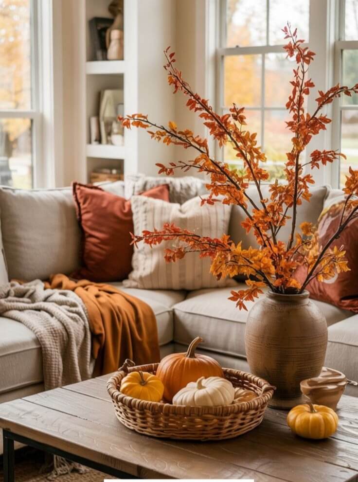 Cozy Living Room Accents with Pumpkins and Foliage