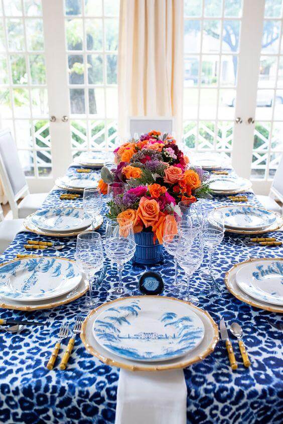 Mountain View Dining with Blue Glass and Autumn Hues