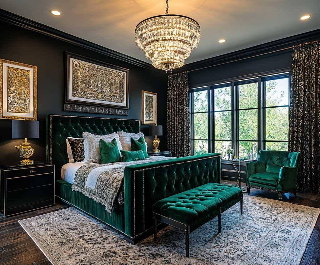 Minimalist Black Walls with Green Velvet Accents