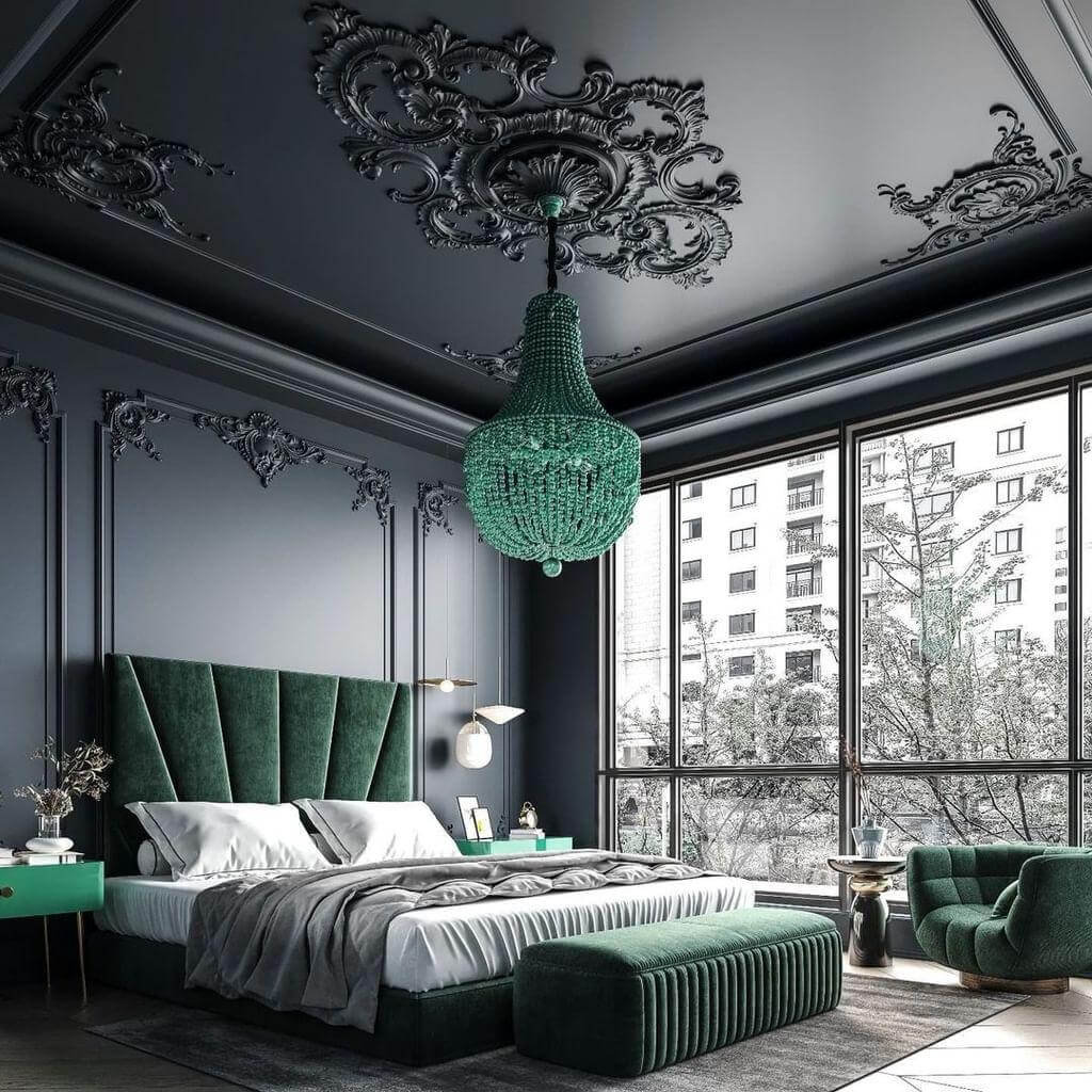 Moody Green Walls with Black Furniture